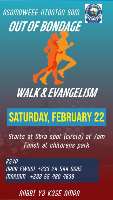 QwabenaDes88298's tweet photo. OUT OF BONDAGE 

Walk &amp; Evangelism 
22nd Feb 2025 
Strat point -OBRA SPOT CIRCLE 
END POINT -Children’s Park 🔥🔥

#NyameSomafoYawoh🙏
#FaithHealersMission
#OutOfBondageWalk✅🔥🔥 https://t.co/lvbGEpYN2Z