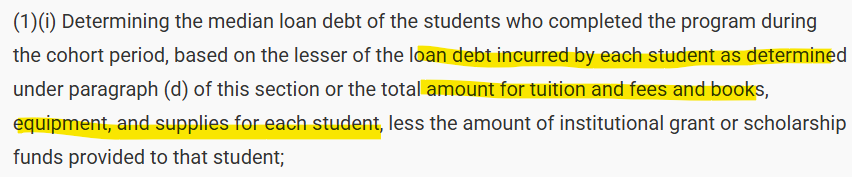 delislealleges's tweet photo. One big way that grad schools pass a debt/earnings test under Biden's gainful employment and transparency rules is that... only debt that pays for tuition counts. Debt for living expenses is exempt. It's not counted in the debt/earnings tests. That's 30%-50% of the debt. https://t.co/qOFGSu4NtN