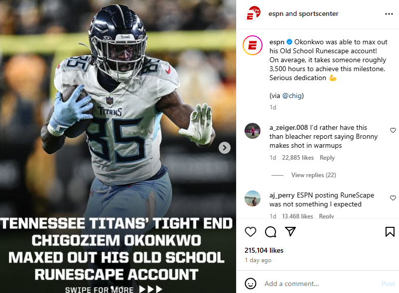 JakeSucky's tweet photo. ESPN posted about Tennessee Titans Tight End Chig maxing his Old School Runescape Iron Man account ain't no way😭 https://t.co/OHtILWtQAS