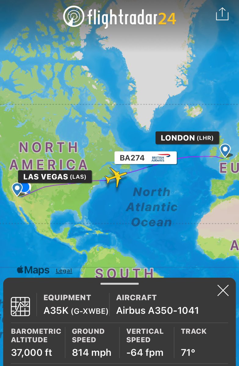 SLCScanner's tweet photo. I forgot to post this the other day. Sometimes the jet stream is smokin fast which gives the aircraft going in the same direction a massive tail wind. This day it was 260mph pushing flight #BA274 to 707 KTS or 814 MPH. 💨 ✈️ https://t.co/RcYZPlpNk4