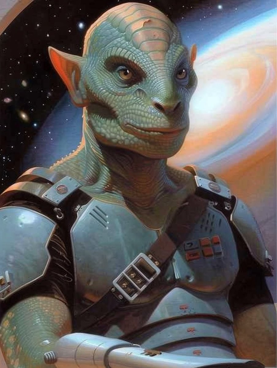 DirkBartz's tweet photo. "The universe is full of magical things, patiently waiting for our wits to grow sharper." - Eden Phillpotts 🌌🦎 

#CosmicWonder #GrowingWiser #Alien #AIArt #Midjourney #eTatos https://t.co/c931R7jYsK