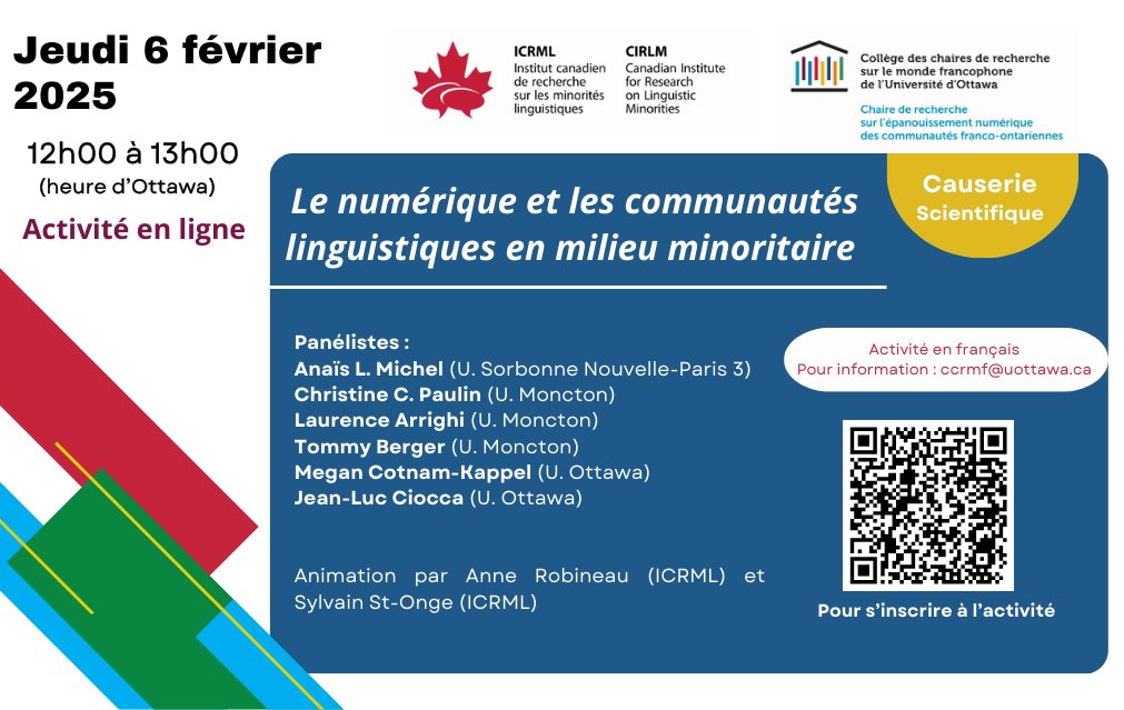 CCRMF (@ccrmf_uottawa) on Twitter photo Causerie scientifique 🗓️Jeudi 6 février 2025⏲️12h-13h, en ligne. Cette causerie accompagne la sortie de 3 articles de la revue <a href="/MLS_LMS/">Min_ling_et société/Ling_Min and Society</a>. "Le numérique et les communautés linguistiques en milieu minoritaire : rôles, impacts et enjeux". Pour participer➡️ uottawa-ca.zoom.us/meeting/regist…… Causerie scientifique 🗓️Jeudi 6 février 2025⏲️12h-13h, en ligne. Cette causerie accompagne la sortie de 3 articles de la revue <a href="/MLS_LMS/">Min_ling_et société/Ling_Min and Society</a>. "Le numérique et les communautés linguistiques en milieu minoritaire : rôles, impacts et enjeux". Pour participer➡️ uottawa-ca.zoom.us/meeting/regist……