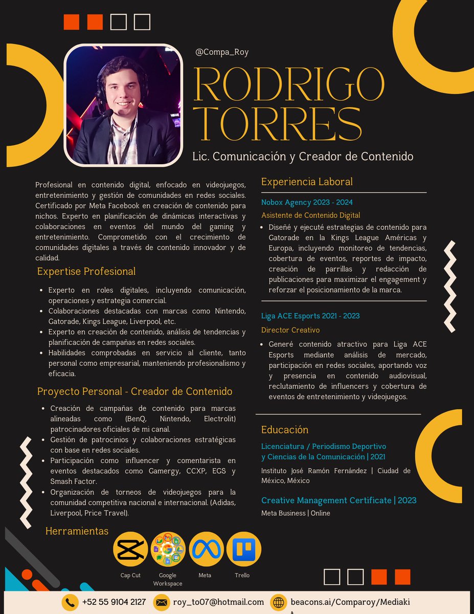 Compa_Roy's tweet image. Me encuentro buscando oportunidades laborales en el mundo del contenido digital, de los esports (Gaming) y entretenimiento! 

He trabajado en empresas increíbles y he podido aprender mucho. También mi proyecto personal ha crecido de una forma muy positiva. 

Aprecio sus RTs