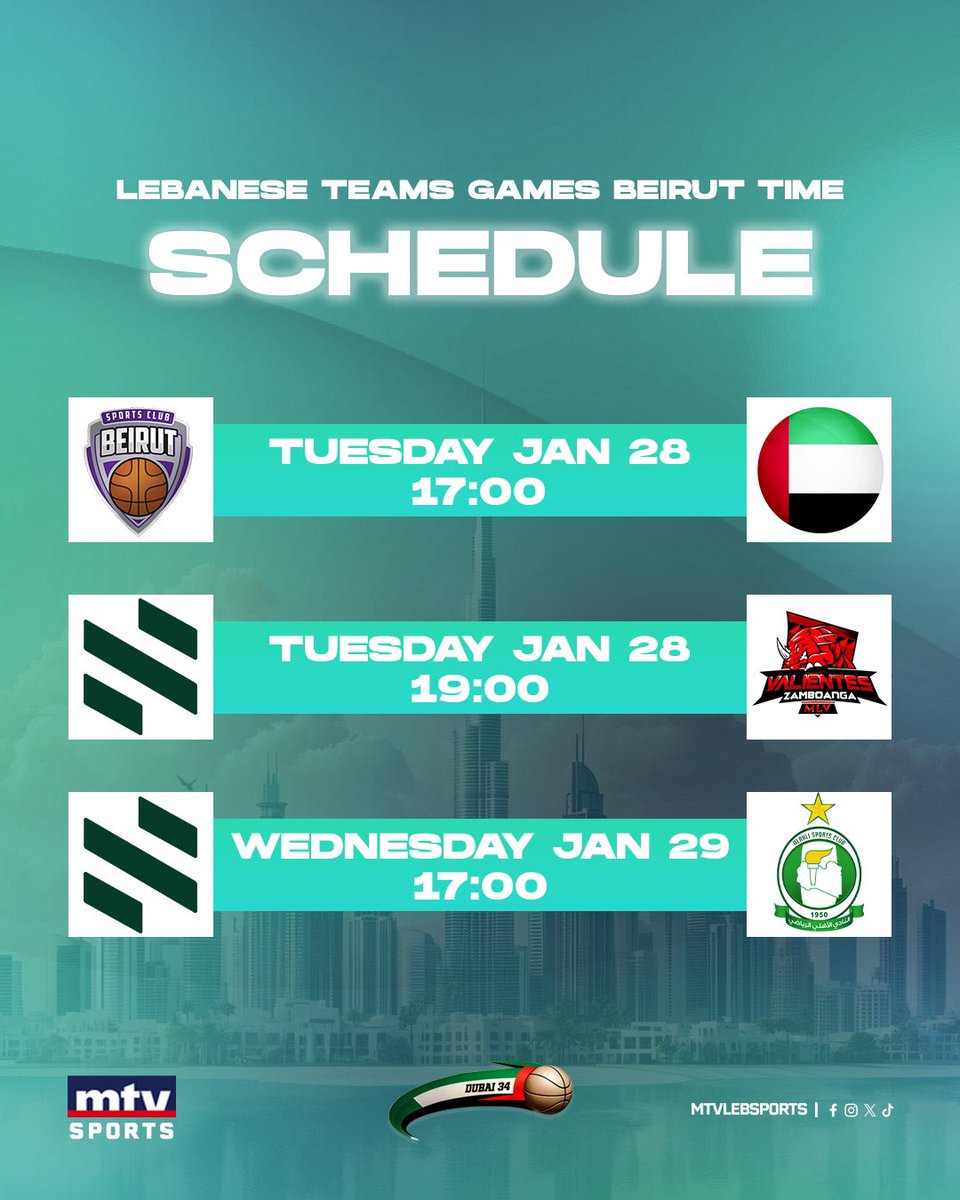 mtvlebsports's tweet photo. Check out the remaining games in the #DIBC 1st Round 🏀⚡️🔥 LIVE ON @mtvlebanon & @onetvlebanon 📺
#mtvbasket #mtvsports #dubaiinternationalbasketball https://t.co/sRsG7B0Ixv