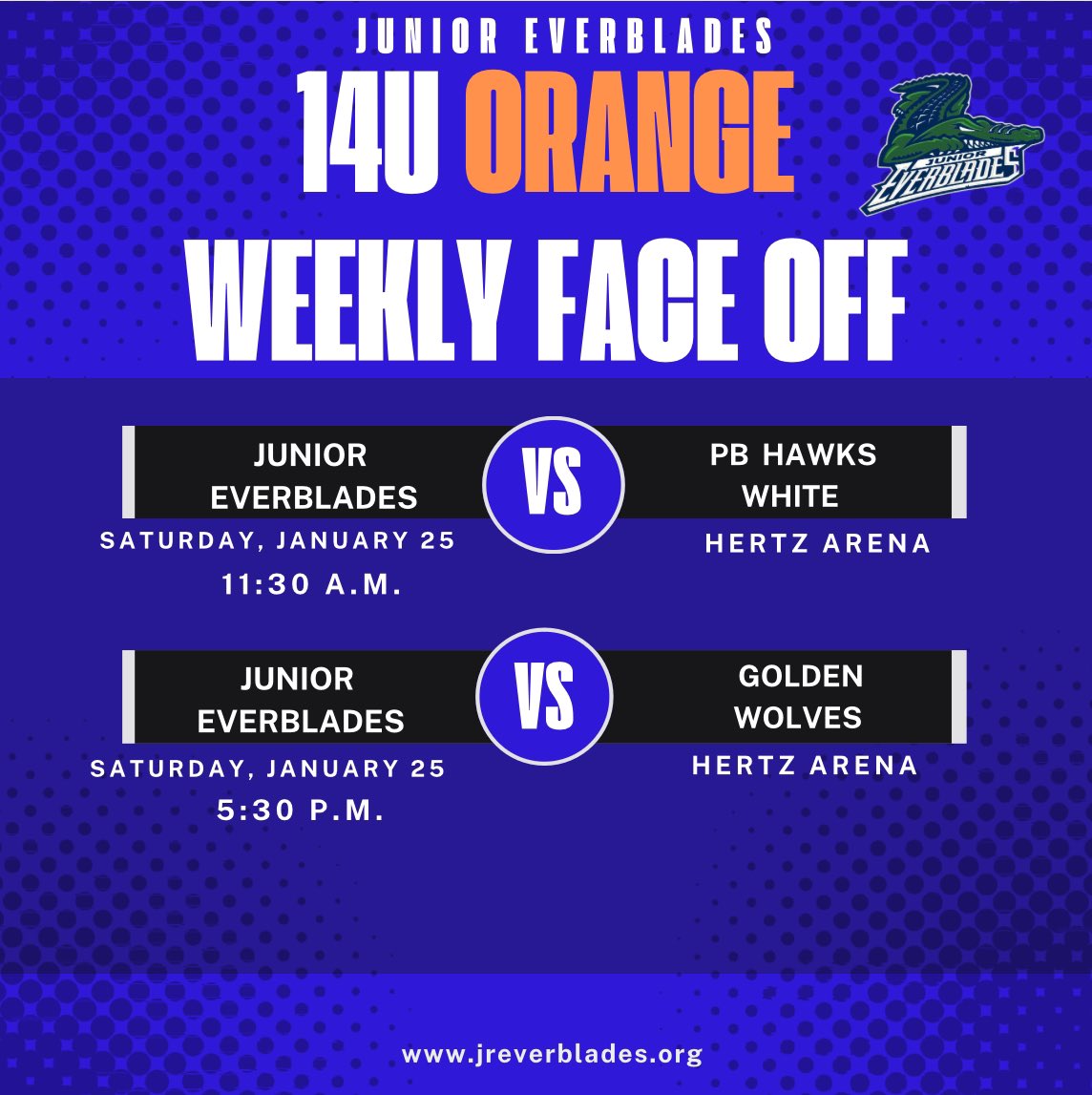 JrEverblades's tweet photo. Good luck to the JEB teams facing off this weekend! 🐊

Can’t make the game? 
Steam it on Livebarn!

Stay tuned for the Player of the Week and Weekly Game Recaps! https://t.co/N1k6EspgoS