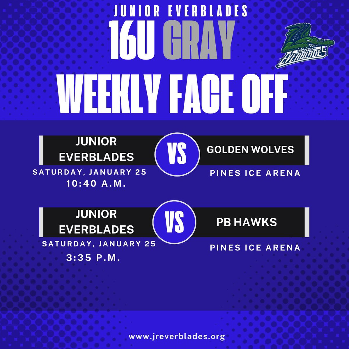 JrEverblades's tweet photo. Good luck to the JEB teams facing off this weekend! 🐊

Can’t make the game? 
Steam it on Livebarn!

Stay tuned for the Player of the Week and Weekly Game Recaps! https://t.co/N1k6EspgoS