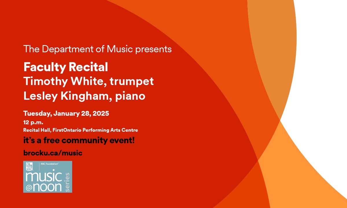 Up next on RBC Foundation Music@Noon, the Department of Music presents a Faculty Recital featuring Timothy White, trumpet and Lesley Kingham, piano! 🎉 Tuesday, Jan. 27 at 12 p.m. Recital Hall @FirstOntPac. It’s a free community event!