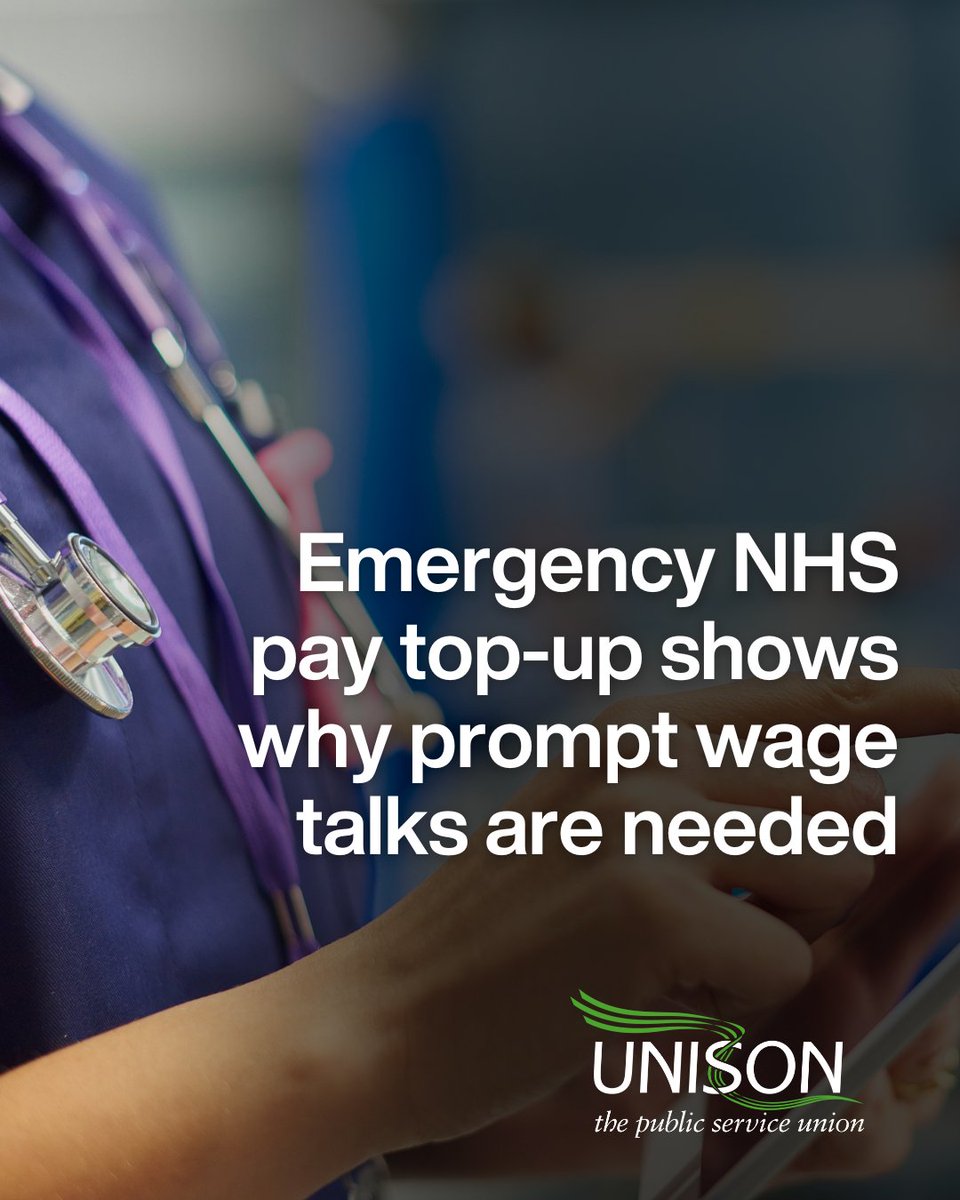 unisontheunion's tweet photo. UNISON head of health Helga Pile:

“If the government did the right thing and delivered a decent pay rise on time, there’d be no need for this endless cycle of interim top-ups to stop NHS wages dropping below the legal minimum."
https://t.co/Vi7OsMKHlI https://t.co/4lY7FVHBf0