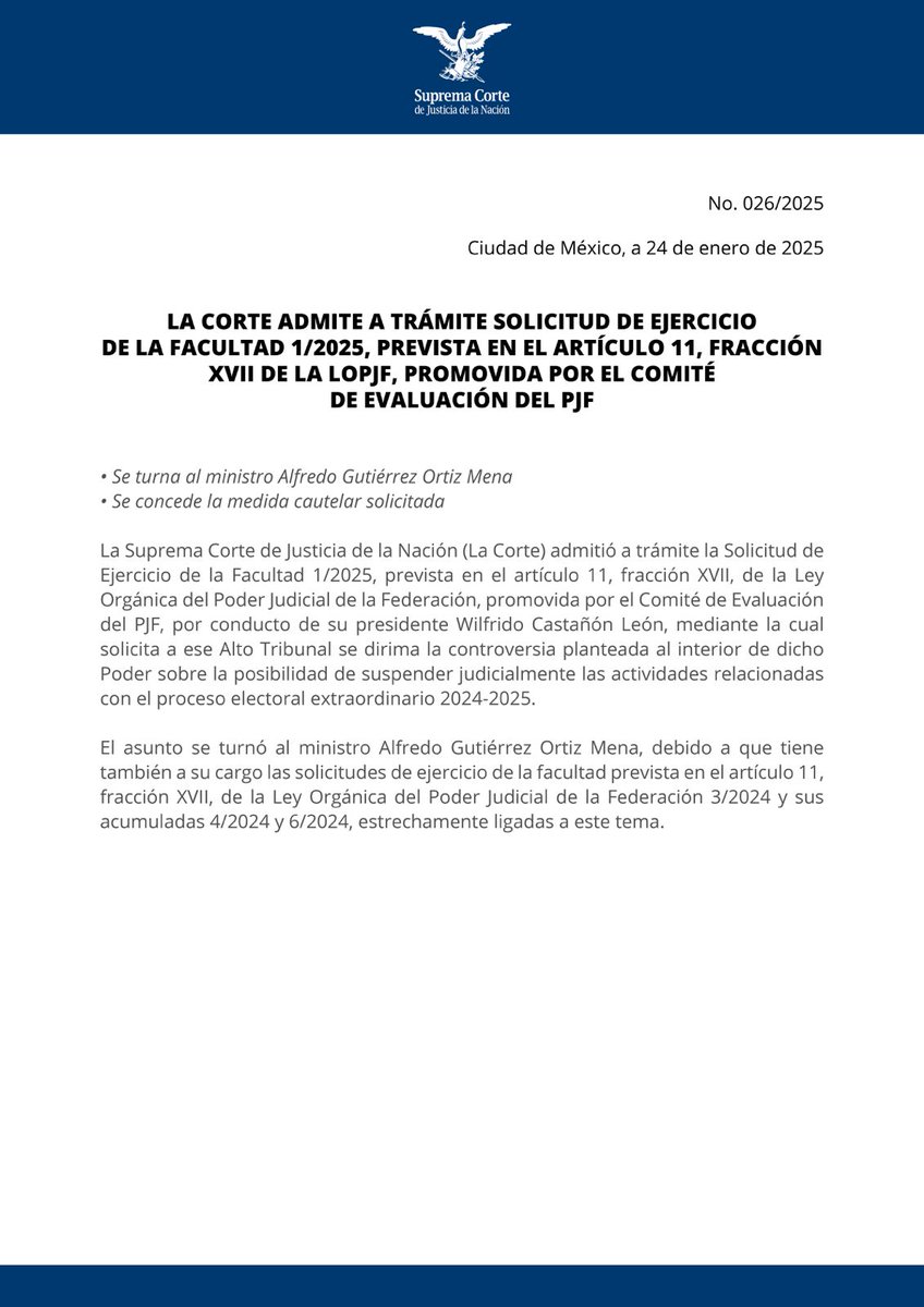 SCJN's tweet photo. La solicitud referente a suspender judicialmente las actividades relacionadas con el proceso electoral extraordinario 2024-2025, se admitió a trámite y se turnó al ministro Alfredo Gutiérrez Ortiz Mena, para su análisis👉 https://t.co/irp2QQunAo https://t.co/LD4dqor822