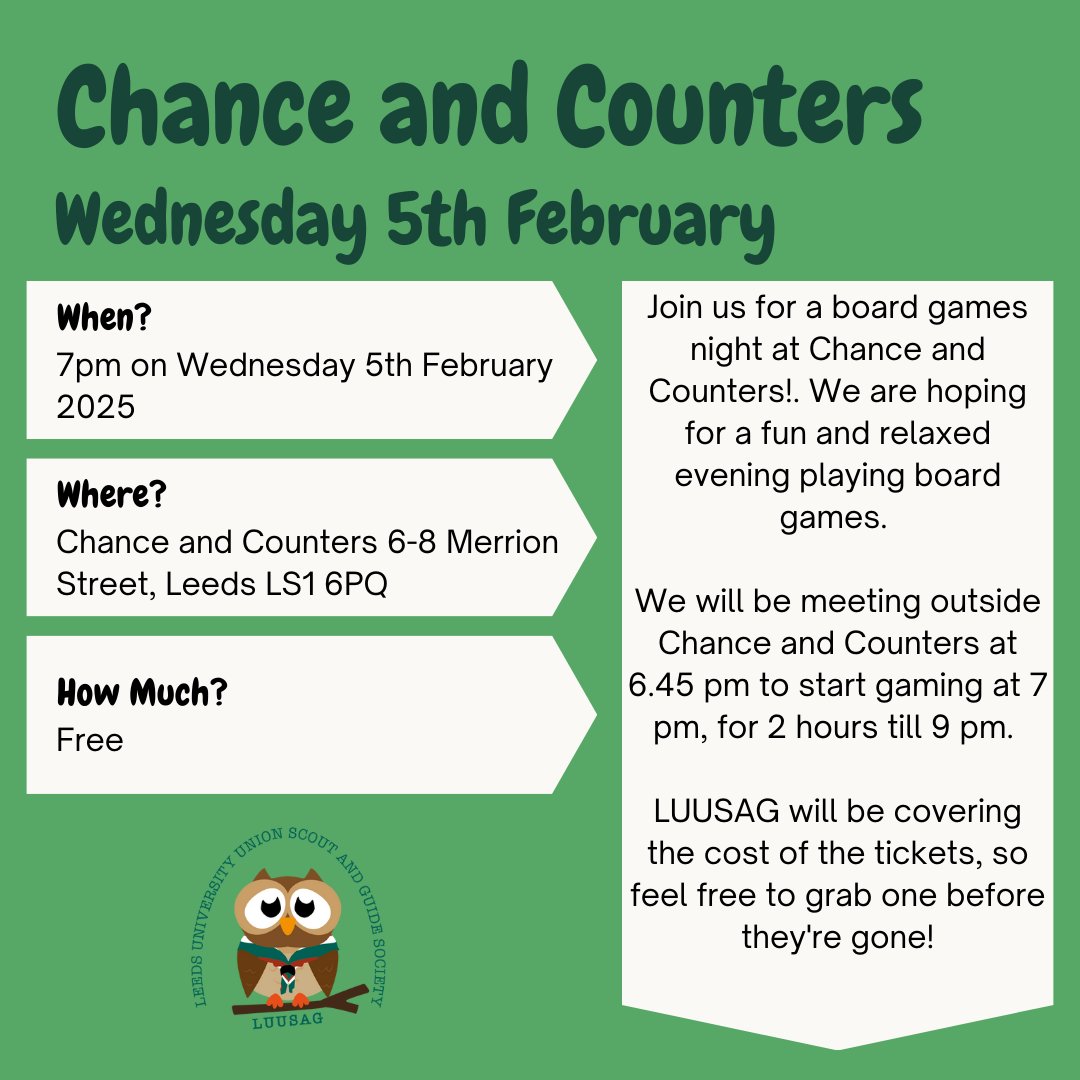 On Wednesday 5th February we'll be going to Chance and Counters for a Board Game evening! Tickets are only available to members and are free on Engage, we'll be closing bookings on Wednesday 29th January so if you're wanting to come along, book before then.
