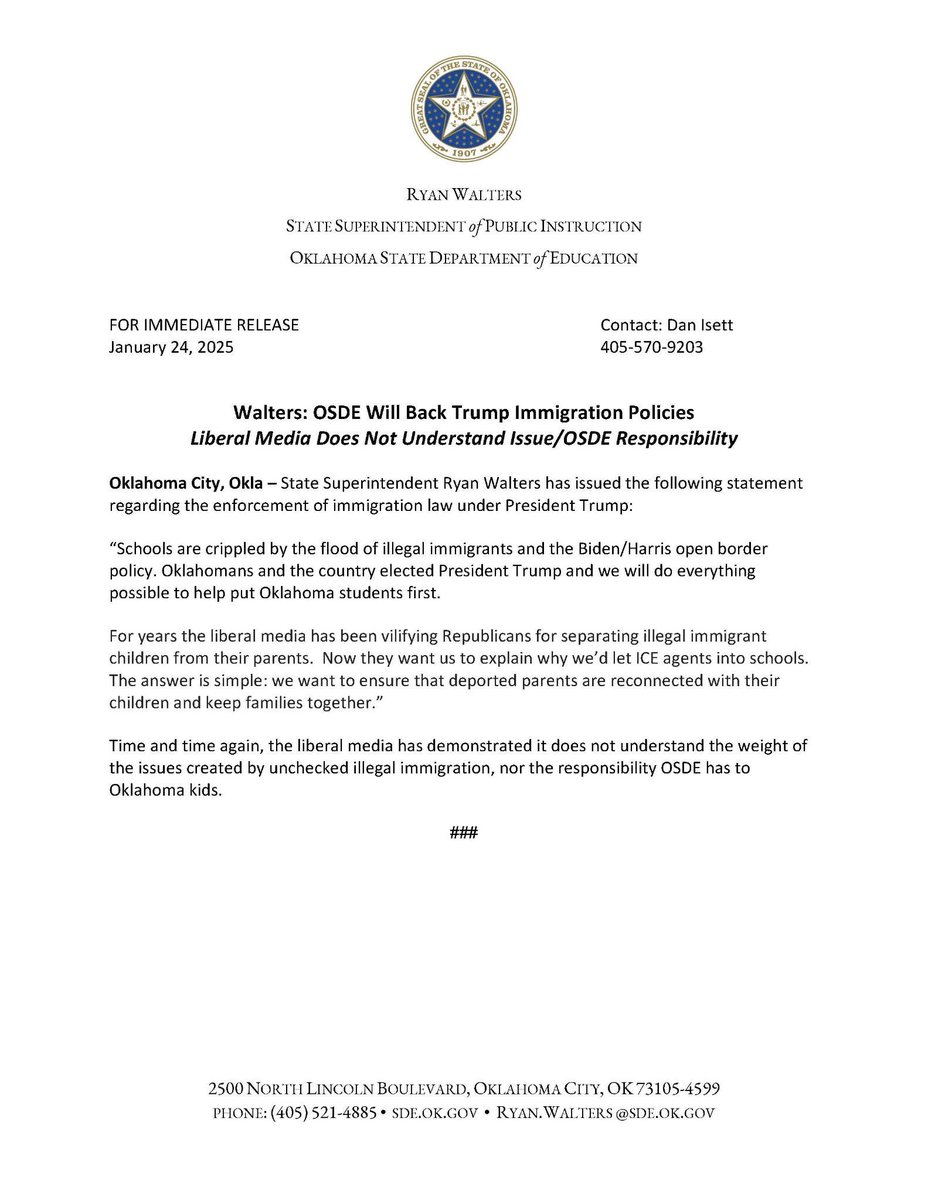 oksde's tweet photo. Walters: OSDE Will Back Trump Immigration Policies Liberal Media Does Not Understand Issue/OSDE Responsibility 

“Schools are crippled by the flood of illegal immigrants and the Biden/Harris open border policy...We will do everything possible to help put Oklahoma students first." https://t.co/vbUS0DTLN4