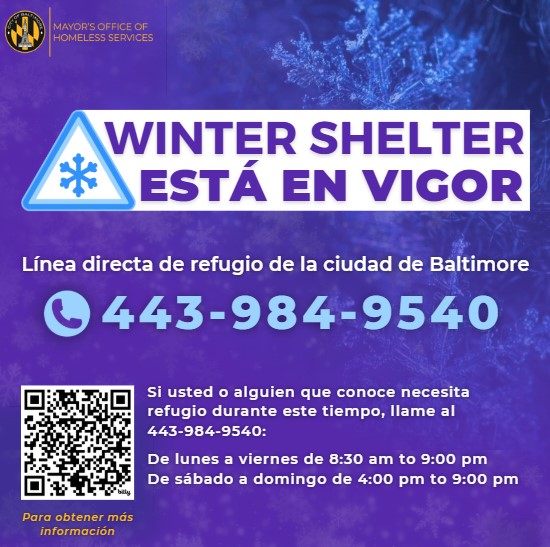 Baltimore City Mayor's Office of Homeless Services (@baltimoremohs) on Twitter photo CODE PURPLE DECLARED❄: Winter shelter will be activated from TODAY at 4:00 pm to Wednesday, January 29, 2025, at 9:00 am.
Residents in need should☎️ Call the Baltimore City Shelter Hotline at 443-984-9540 to be connected to shelter. Learn more at homeless.baltimorecity.gov/winter-shelter CODE PURPLE DECLARED❄: Winter shelter will be activated from TODAY at 4:00 pm to Wednesday, January 29, 2025, at 9:00 am.
Residents in need should☎️ Call the Baltimore City Shelter Hotline at 443-984-9540 to be connected to shelter. Learn more at homeless.baltimorecity.gov/winter-shelter