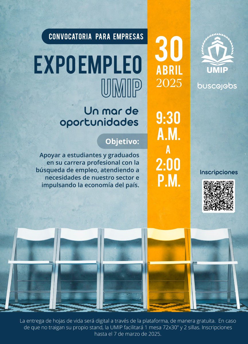 La UMIP, en alianza con buscojobs, invita a las empresas del sector marítimo, logístico, portuario, marino-costero y afines a la Expoempleo UMIP 2025: "Un mar de oportunidades".
El Miércoles, 30 de abril de 2025, en el Edificio 1033, UMIP, La Boca, Ancón.