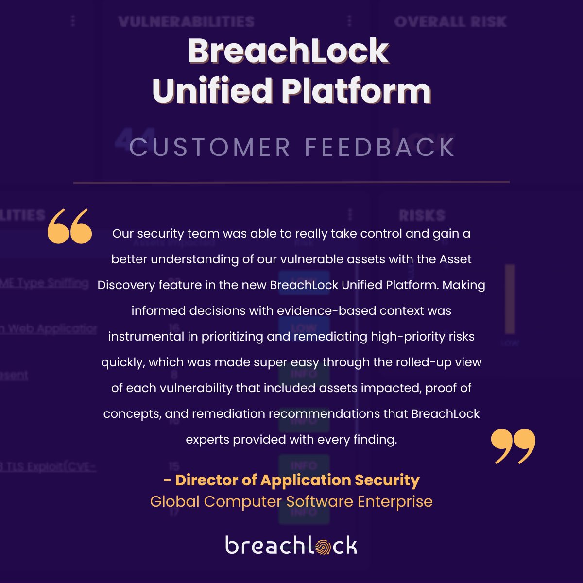 BreachLock's tweet photo. 🧡 "Our security team was able to really take control and gain a better understanding of our vulnerable assets with the Asset Discovery feature."
Learn how BreachLock is helping customers prioritize their high-impact risks.
https://t.co/dnI5S7w1T0
#ASM #PTaaS #CTEM https://t.co/lPikToiC2E