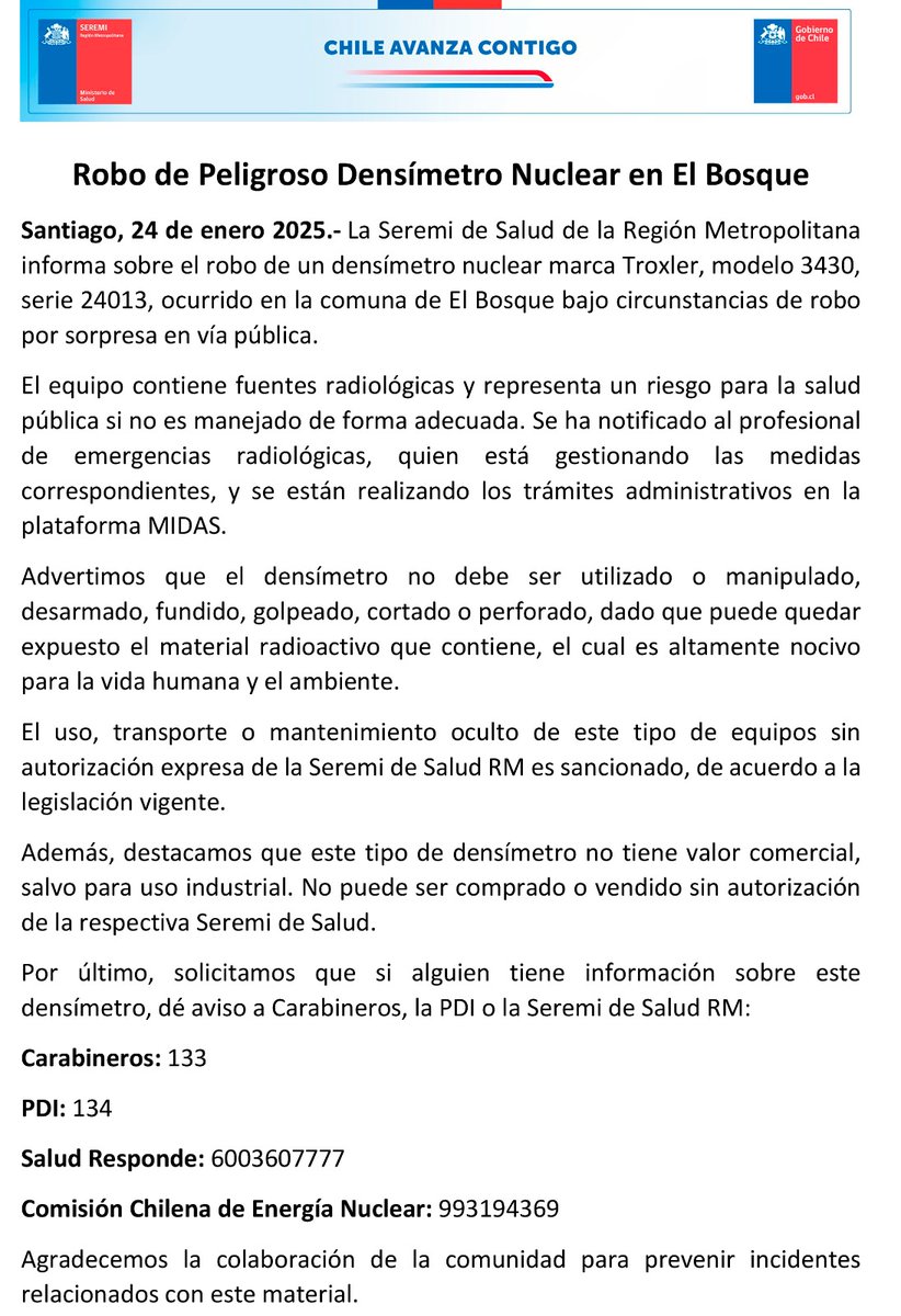SeremiSaludRM's tweet photo. Informamos a la ciudadanía el robo de densímetro nuclear en la comuna de #ElBosque. 

Todo robo de este instrumento es un peligro para la salud de las personas. https://t.co/yFNJBmyZag