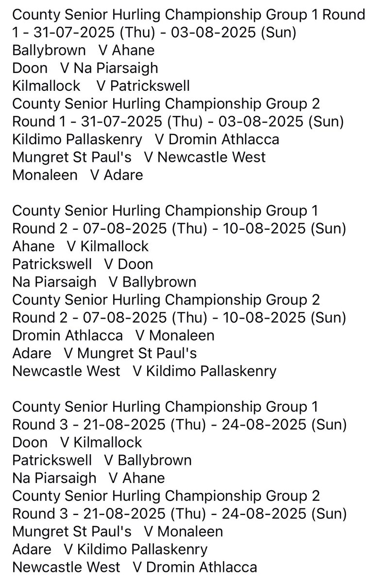 LimerickCLG's tweet image. 2025 Bon Secours Hospital Limerick, Group 1 &amp;amp; 2 County Club Senior Hurling Championship Fixtures: