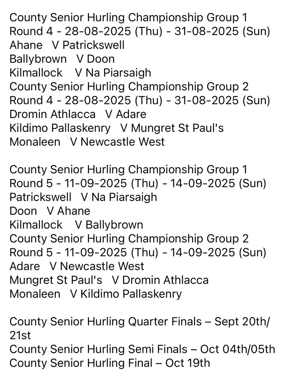 LimerickCLG's tweet image. 2025 Bon Secours Hospital Limerick, Group 1 &amp;amp; 2 County Club Senior Hurling Championship Fixtures: