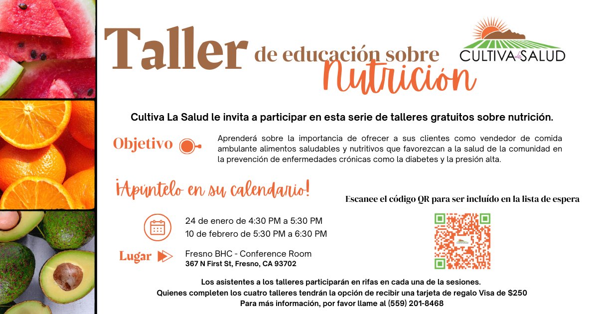 Cultiva La Salud (@cultivalasalud) on Twitter photo ¡Atención #VendedoresDeComidaAmbulante! ¡Hoy es el día!
Únase a #CultivaLaSalud de 4:30 a 5:30 PM en <a href="/FresnoBHC/">Fresno BHC</a> para un taller sobre cómo servir comidas saludables y nutritivas mientras combate enfermedades crónicas. ¡No se lo pierda! ¡Atención #VendedoresDeComidaAmbulante! ¡Hoy es el día!
Únase a #CultivaLaSalud de 4:30 a 5:30 PM en <a href="/FresnoBHC/">Fresno BHC</a> para un taller sobre cómo servir comidas saludables y nutritivas mientras combate enfermedades crónicas. ¡No se lo pierda!