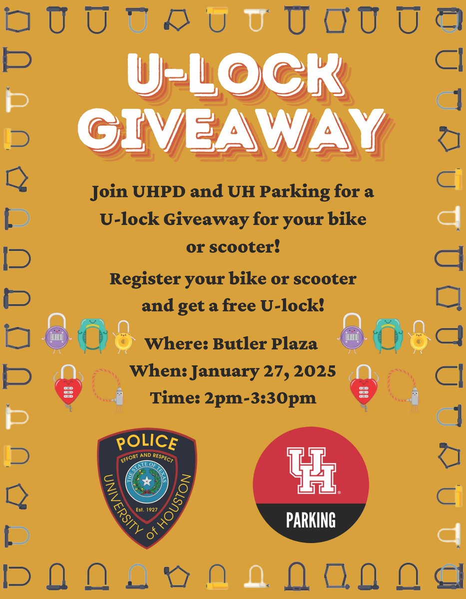 🚲✨ Free U-Lock Giveaway! 🛴

📍 Butler Plaza
📅 Jan 27, 2025
⏰ 2 PM – 3:30 PM
Register your bike or scooter with UHPD &amp; UH Parking and get a FREE U-Lock!
Don't miss out—secure your ride! 💛❤️ #UHEvents #BikeSafety #CougarStrong

🎉 Spread the word! 🎉