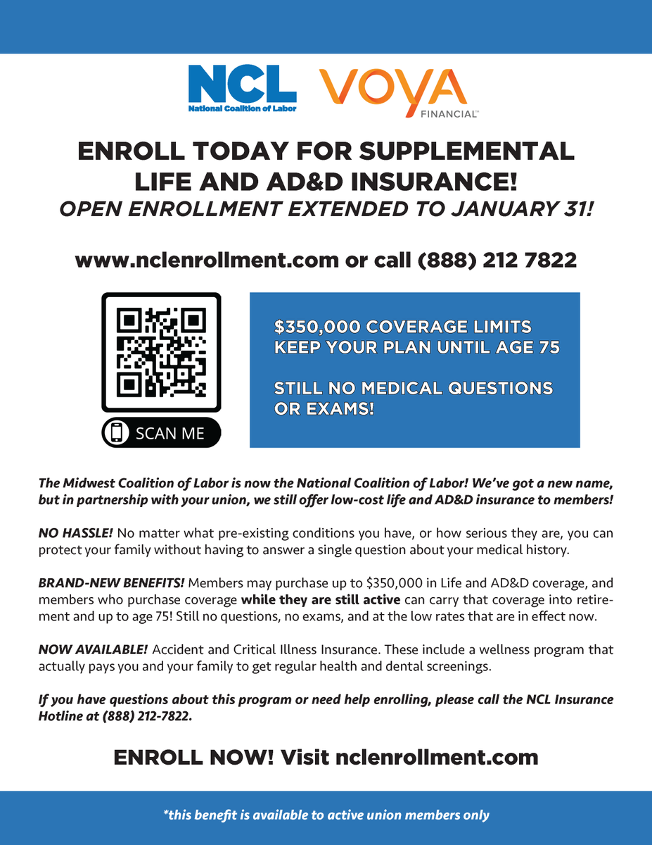 MidAmCarpenters's tweet image. The annual Open Enrollment period for the National Coalition of Labor’s Life (formerly the MCL), AD&amp;amp;D, and Short-Term Disability products ends next week (Jan. 31)! Act fast to take advantage of this fantastic benefit!
#UnionProud #MACRC