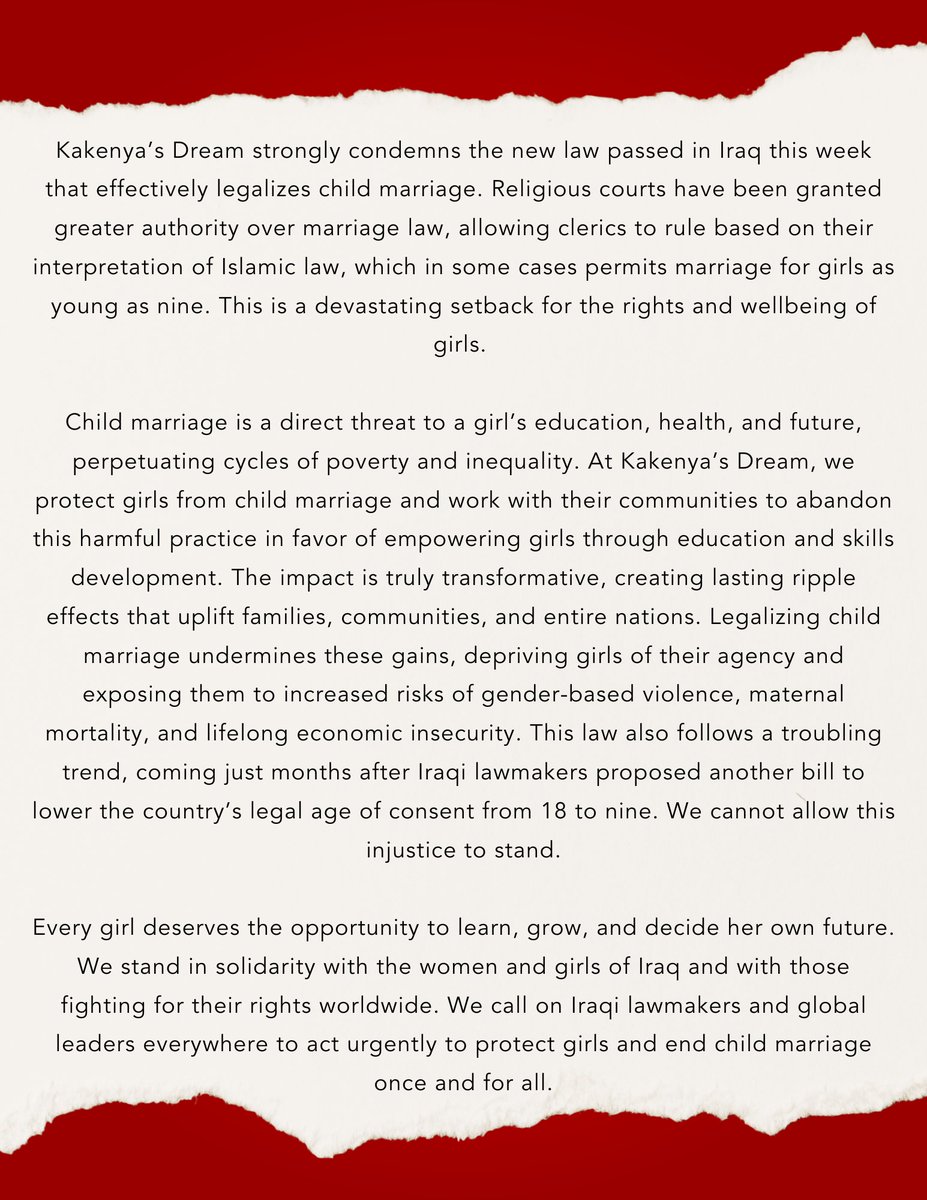 I condemn Iraq's new law legalizing #childmarriage. I was engaged at just 5 yrs old but did not go through with it. That act of defiance changed my entire life for the better. I stand in solidarity with the women &amp; girls of Iraq, &amp; everyone fighting for girls’ rights worldwide.