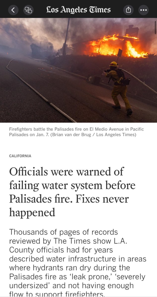 🔥🔥🔥 Outstanding reporting by <a href="/latimes/">Los Angeles Times</a> showing that LA Fire &amp; Water officials were WARNED about inadequate water resources to fight fire 🧯 but did NOTHING. 

There’s a term for that: CRIMINAL NEGLIGENCE &amp; HOMICIDE 

“Plans to build tanks that would have provided more than 1