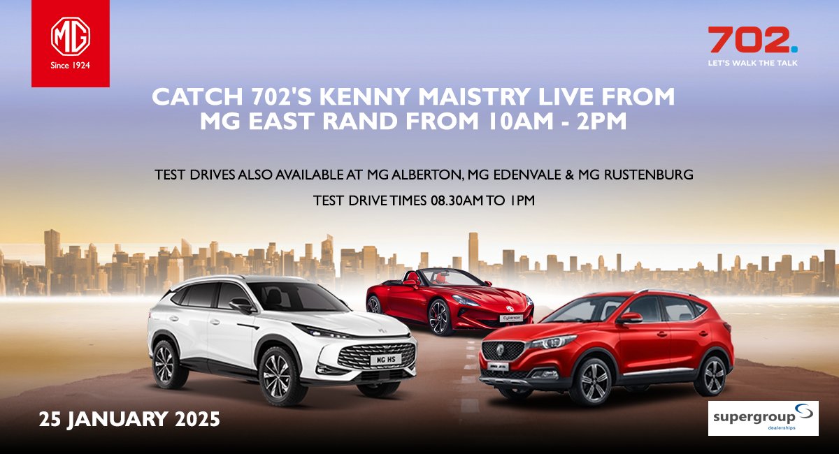 Radio702's tweet photo. Join us for the MG Launch Test Drive Open Day! ✨🚗 Experience the latest MG models at 5 dealerships on 25 Jan 2025. Test drive, meet the team, and enjoy fun! 

Read more: https://t.co/Bgh1dIv4Nr 

#MGsouthafrica #DriveYourDestiny #ExceedExpectation #Sponsored https://t.co/Xh5NTXmSlX