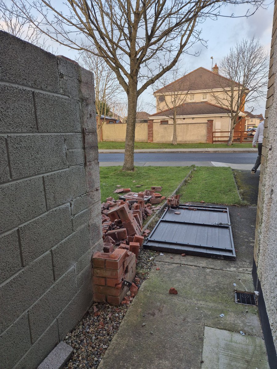 Our gate decided it needed a lie-down during #StormEowyn and it took the pillar with it.