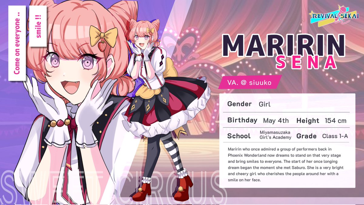 [ CHARACTER PROFILE ]  MARIRIN SENA
#RevivalSekai #pjsk #プロセカ #pjsktwt #pjskocs