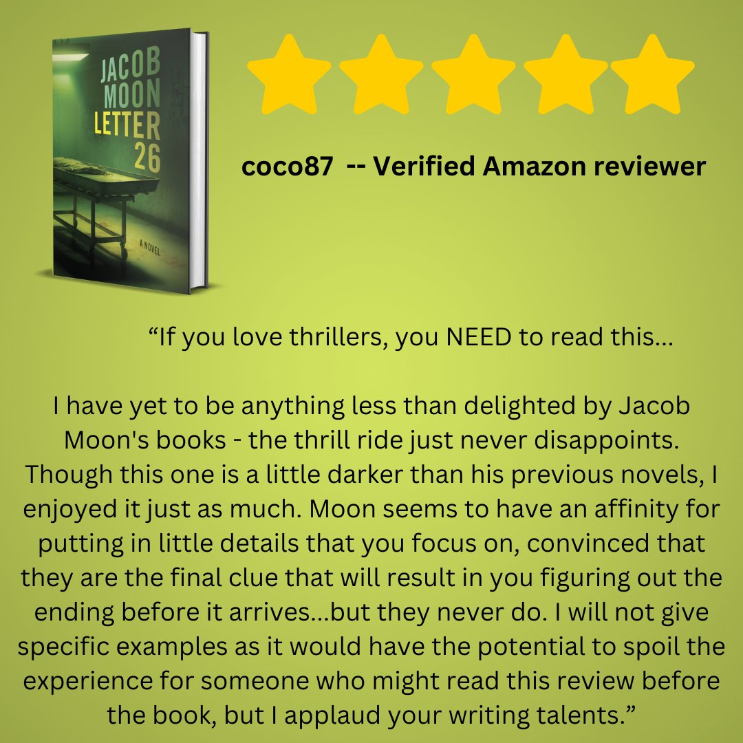 writerjake727's tweet photo. BIG thanks to coco87, a verified Amazon reviewer and longtime fan of my three crime thriller novels, for this well-written and insightful review for 'Letter 26.' Written reviews are the best way for readers to get the word out to others who may need that extra nudge to read a particular work. I thank everyone who has read my books, and give extra thanks to those who've taken time out of their day to post a brief review.

#bookreviews #bookreviewersclub #bookclubfiction #bookclubpick #ReviewersWanted