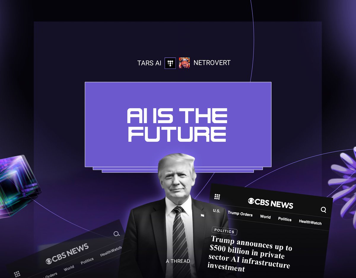 𝗔𝗜 𝗶𝘀 𝘁𝗵𝗲 𝗳𝘂𝘁𝘂𝗿𝗲, 𝗮𝗻𝗱 𝘁𝗵𝗲 𝗿𝗮𝗰𝗲 𝗶𝘀 𝗵𝗲𝗮𝘁𝗶𝗻𝗴 𝘂𝗽!

President Trump just announced a $500B private-sector investment in AI infrastructure.

While the big players focus on centralized systems, $TAI is brewing something special on Solana.

A smol 🧵