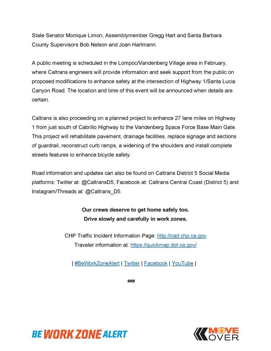 Caltrans will begin a resurfacing project on the southbound lanes of Hwy 1 south of #VandenbergVillage on Monday, Jan. 27. 
This will include the application of a High Friction Surface Treatment to existing pavement to address a recent increase in wet weather traffic incidents.