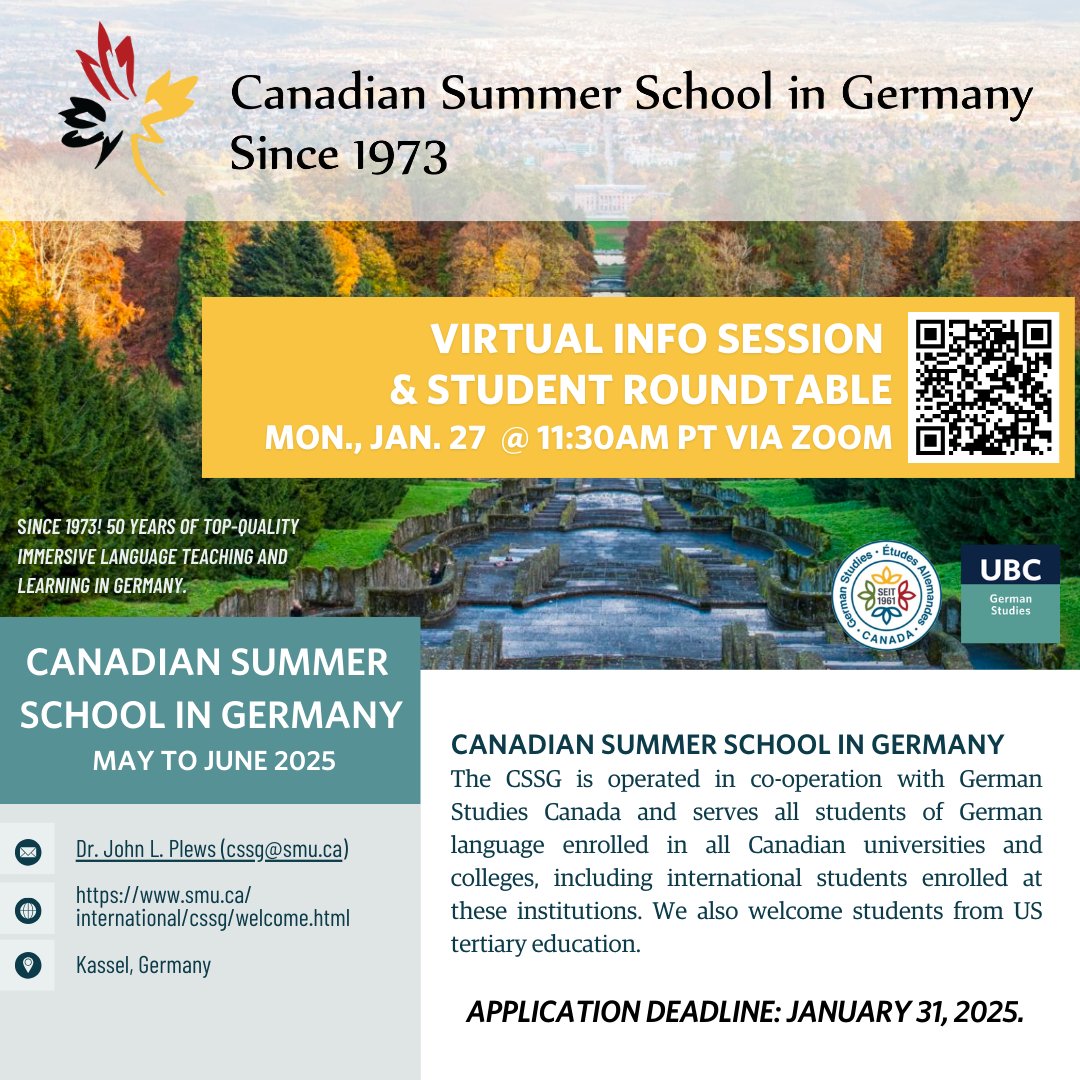 Don't miss this out! Check out the courses of the CSSG and spend this summer in Germany while improving your language skills☀️

💻 Join the virtual info session 
(Monday, Jan. 27 11:30 am)

ubc.zoom.us/meeting/regist…

‼️Application Deadline: 31.01.2025