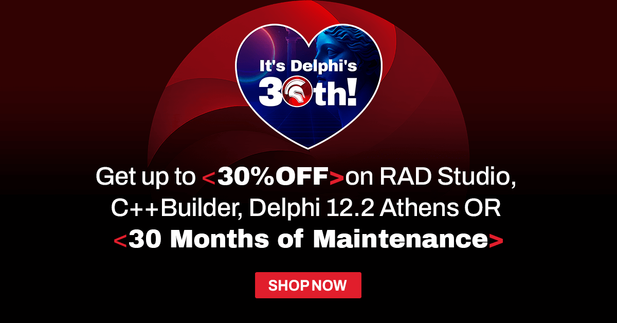 EmbarcaderoTech's tweet photo. 📣 Delphi turns 30 this year, and we're marking the occasion with incredible offers! Get up to 30% OFF on RAD Studio, C++Builder, Delphi 12.2 Athens OR 30 Months of Maintenance. Limited time offer only.
🛒 Shop Now: https://t.co/nYMkngiXt8
#Delphi #Delphi30th #Developers https://t.co/HUnVJ8lcsX