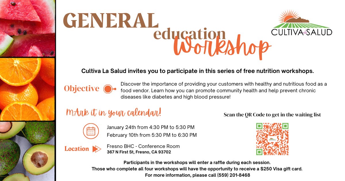 Cultiva La Salud (@cultivalasalud) on Twitter photo Attention #MobileFoodVendors, today’s the day!
Join #CultivaLaSalud from 4:30–5:30 PM at <a href="/FresnoBHC/">Fresno BHC</a> for a workshop on serving healthy, nutritious meals while fighting chronic diseases.
Let’s make a difference through food—don’t miss it!
See you there! Attention #MobileFoodVendors, today’s the day!
Join #CultivaLaSalud from 4:30–5:30 PM at <a href="/FresnoBHC/">Fresno BHC</a> for a workshop on serving healthy, nutritious meals while fighting chronic diseases.
Let’s make a difference through food—don’t miss it!
See you there!