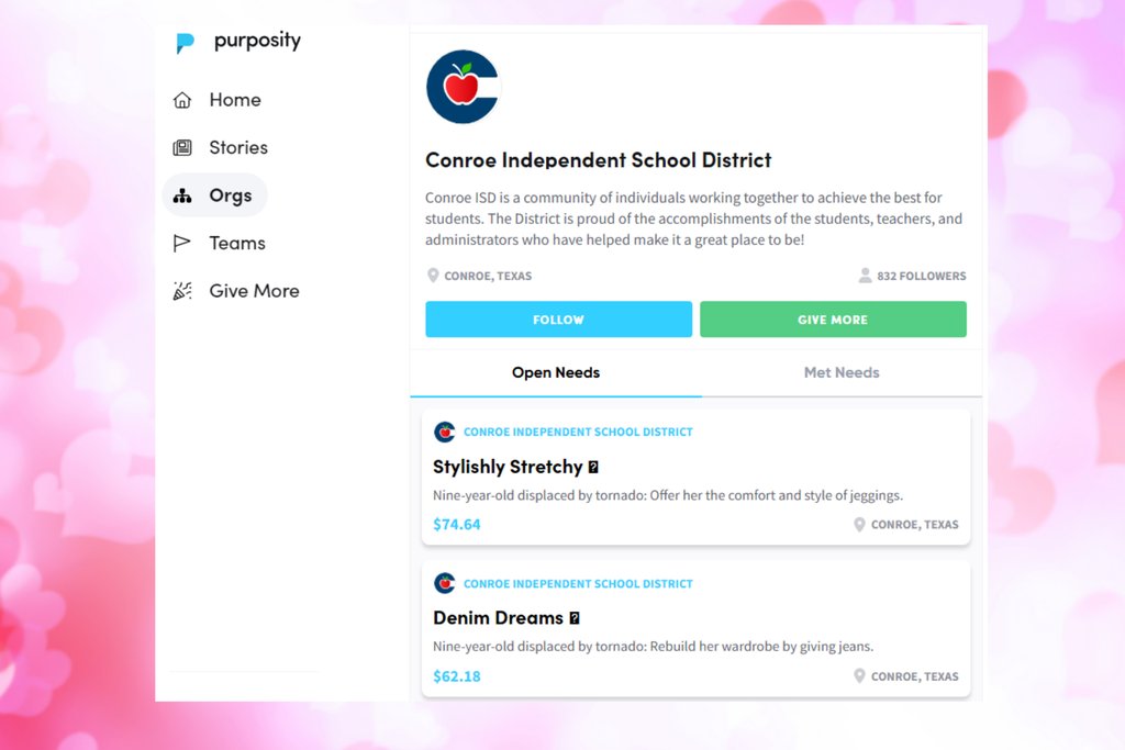 When severe weather and circumstances bring tragedy to the community, have you wondered what you can do to help? Visit Conroe ISD's Purposity page to see where anonymous needs have been identified. Visit purposity.com/organization/C….