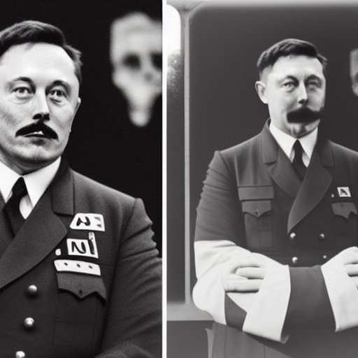 Goldengloo1's tweet photo. On September 10th 2022, messing about with AI, I generated these images of Elon Musk as a Nazi thinking they were so unreal and outlandish. Well... https://t.co/fL1curAfWA