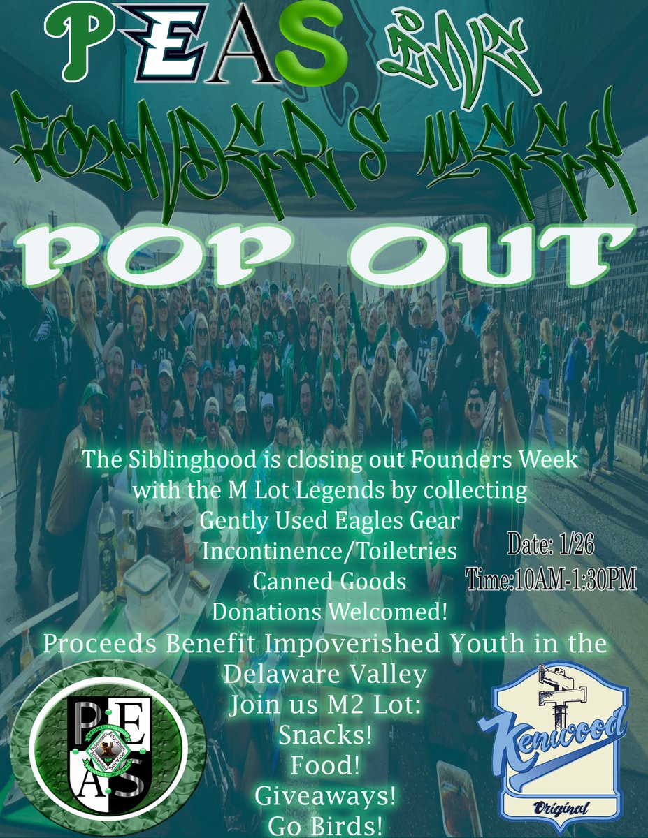 PEASInc's tweet photo. As Founders Week wraps up, join us tomorrow &amp; celebrate the NFC Championship! Meet us in Philly at M2 Lot for one last round of Service as we cheer the Eagles on to Victory! Donations welcomed! Food provided by the legendary M Lot!
🦅🦅💚🖤🤍🦅🦅 https://t.co/fLqI7qxJRI