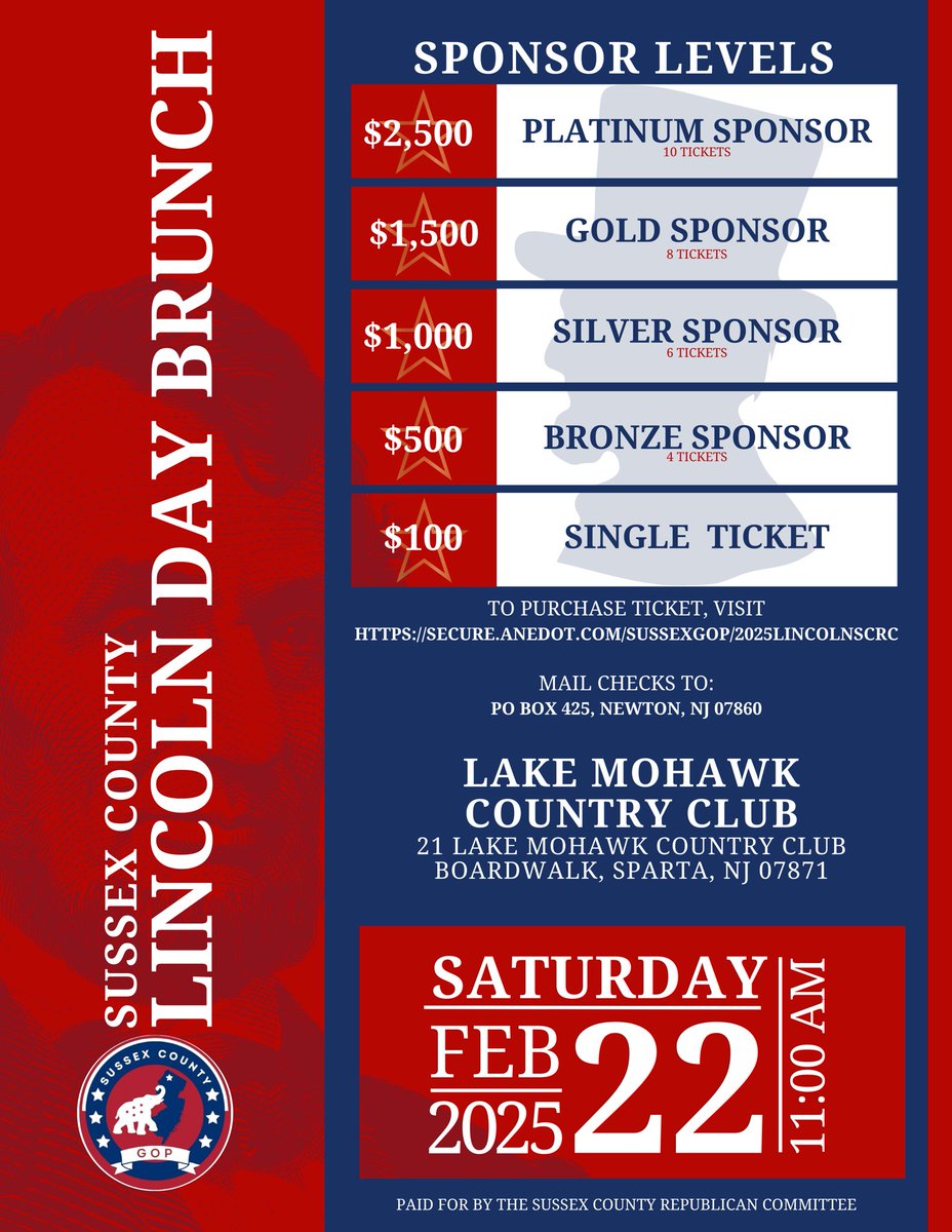 RachelHopatcong's tweet photo. Please join @SussexCountyGOP at the Lincoln Day Brunch on Feb. 22 https://t.co/w6DBH0XSWo