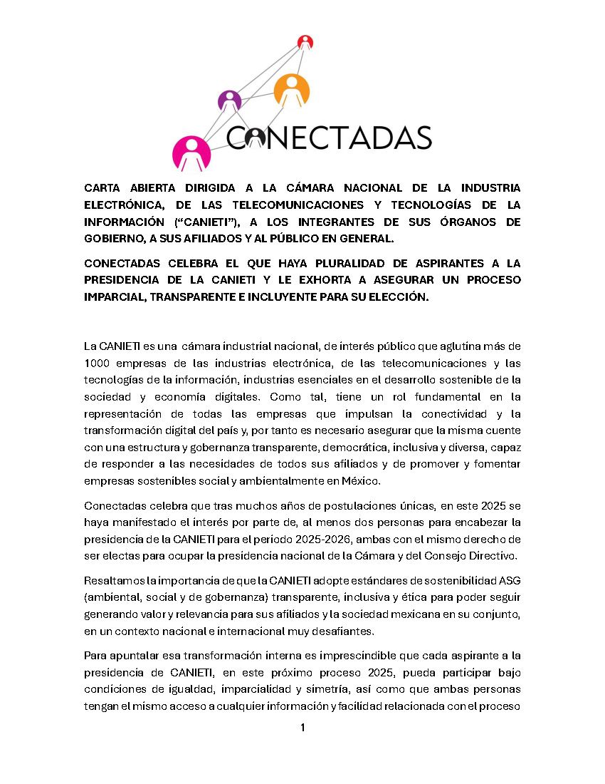 conectadas_mx's tweet photo. #Conectadas celebramos que, por primera vez, haya pluralidad de aspirantes para la presidencia de la @CANIETI. Instamos a la cámara a garantizar un proceso transparente e inclusivo. 🌐 ¡Seguiremos observando el proceso para que sea justo y representativo! https://t.co/nIycgeg3hv