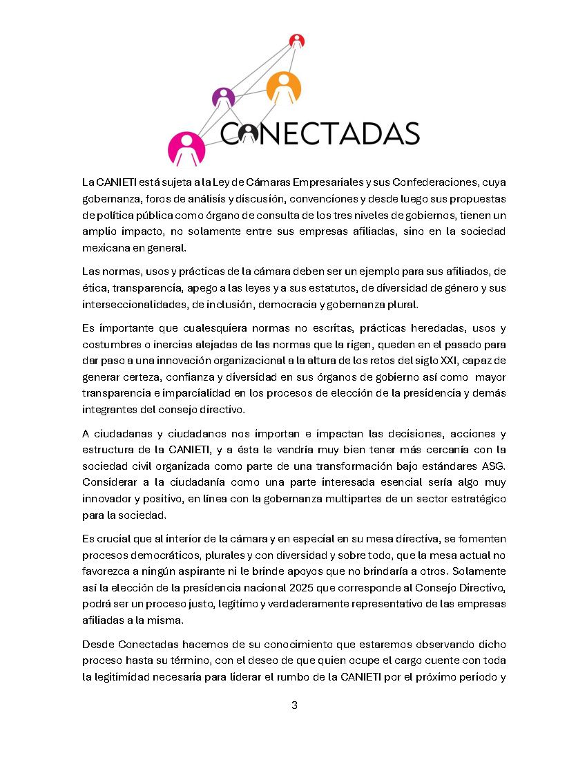 conectadas_mx's tweet photo. #Conectadas celebramos que, por primera vez, haya pluralidad de aspirantes para la presidencia de la @CANIETI. Instamos a la cámara a garantizar un proceso transparente e inclusivo. 🌐 ¡Seguiremos observando el proceso para que sea justo y representativo! https://t.co/nIycgeg3hv