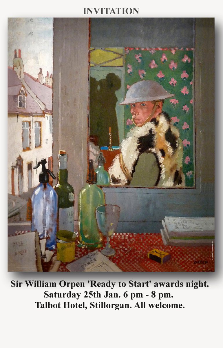 The 'Ready to Start' Awards in honour of Sir William Orpen are tomorrow 25th Jan from 6pm and 8pm in the Shelbourne Suit at the Talbot Hotel, Stillorgan. 
Do drop in and see the works by the 30+ finalists and meet the artists. All 256 submissions will be shown on a large screen.