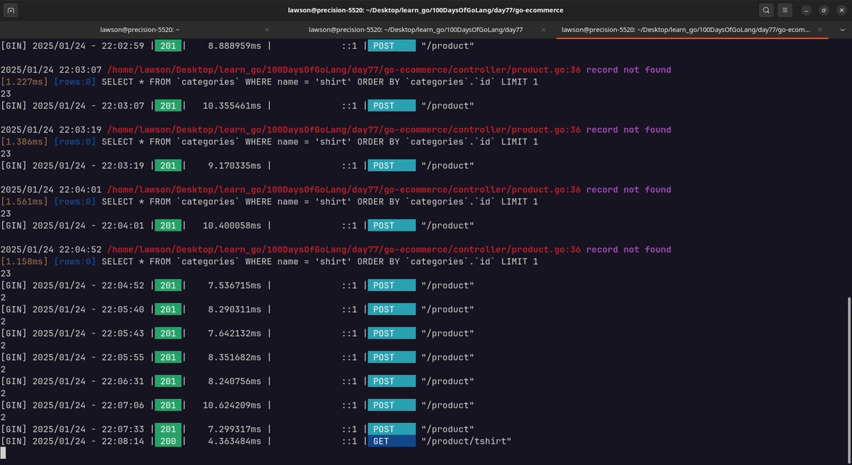 LawsonRedeye's tweet image. Day 82 of #100DaysOfGolang
✅ Fixed data persistence issue for new products using GORM db.Exec() for RAW SQL queries
✅ Added route to fetch all data by product category name
✅ Tested endpoints with Postman
#Golang #GORM #WebDev #CodingJourney