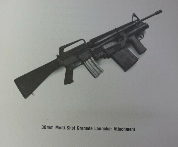 This one has escaped me for decades.  I knew George Reynolds had designed a tube mag 30mm grenade launcher for the XM19 and M16A1 in the 1970s at RIA.  However, I didn't realize that he had kept working on it at Knox Engineering.  This is the 1982 variant with a 4rd box mag.