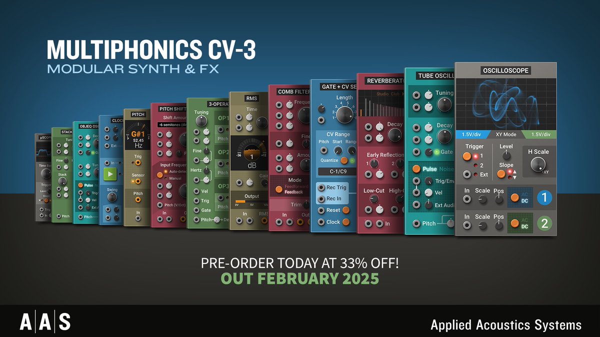 synthanatomy's tweet photo. NAMM 2025: AAS Multiphonics CV-3, modular synth gets new synthesis power, MPE, and more https://t.co/yCcRh2URLD
#namm2025 #aasmultiphonicscv3 #appliedacousticssystems #synthesizer #plugin #vstplugin #synthanatomy https://t.co/oap8pdSKTa