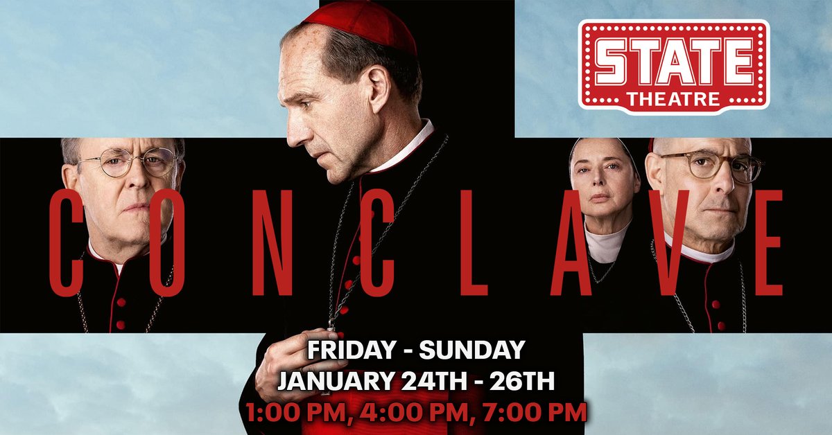 Escape the cold &amp; come see #Conclave @ the State this weekend! 1pm, 4pm &amp; 7pm today, Friday, 1/24 - Sunday, 1/26. It was just nominated for 8 Academy Awards, including Best Picture &amp; Best Adapted Screenplay! Tix here: 
secure.traversecityfilmfest.org/websales/pages…
