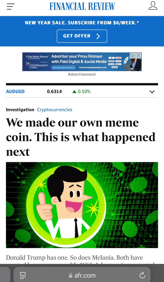 For 70 years, The Australian Financial Review has been the authority on business, finance and political news in Australia.

And they just made a meme coin

And it’s on the front fucking page