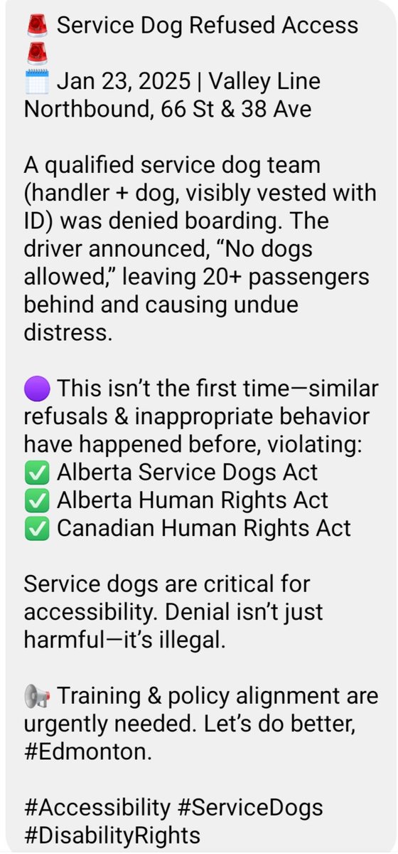 servicerotties's tweet image. Hey @cityofedmonton, I’d really appreciate if you could tell us why a service dog team was refused access on Public Transit yesterday? According to the handler they were on the Valley Line northbound LRT platform at 66th st &amp;amp; 38th Ave. When the train pulled in the driver…