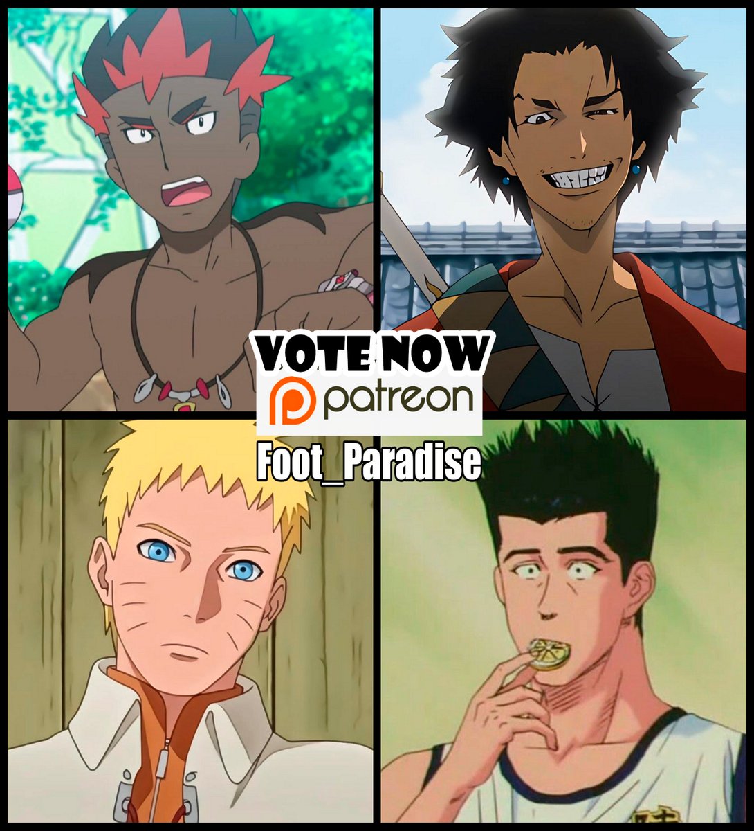 It's time to vote for the next January character! Who is your favorite? Vote on patrexn now! 😁
🔸 Kiawe (Pokemon)
🔸 Mugen (Samurai Champloo)
🔸 Adult Naruto
🔸 Akira Sendoh (Slam Dunk)