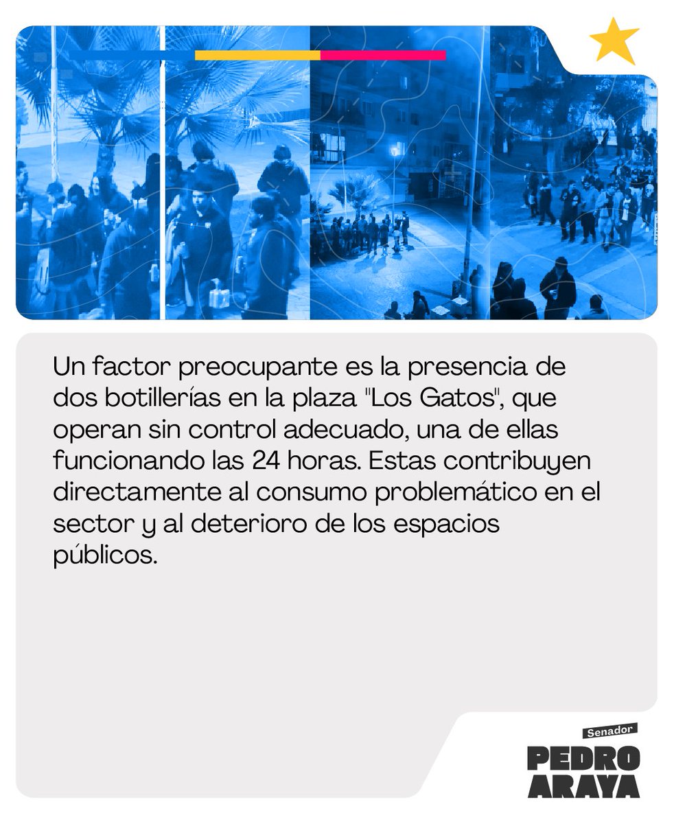 ArayaPedro's tweet photo. Los vecinos de la población Gran Vía, en #Antofagasta, enfrentan inseguridad en espacios como la plaza "Los Gatos" y el acceso sur del edificio “Huanchaca” debido al consumo de alcohol, drogas, riñas, ruidos y daños a la propiedad, afectando especialmente a adultos mayores.

Situación crítica: dos botillerías en la plaza "Los Gatos", una abierta 24/7, agravan el problema.

Medidas propuestas:
✔️ Fiscalización de botillerías.
✔️ Cámaras de seguridad e iluminación.
✔️ Enrejado de espacios comunitarios.
✔️ Promoción de actividades culturales y deportivas.

¡Es hora de proteger a la comunidad y devolver la seguridad! 💪